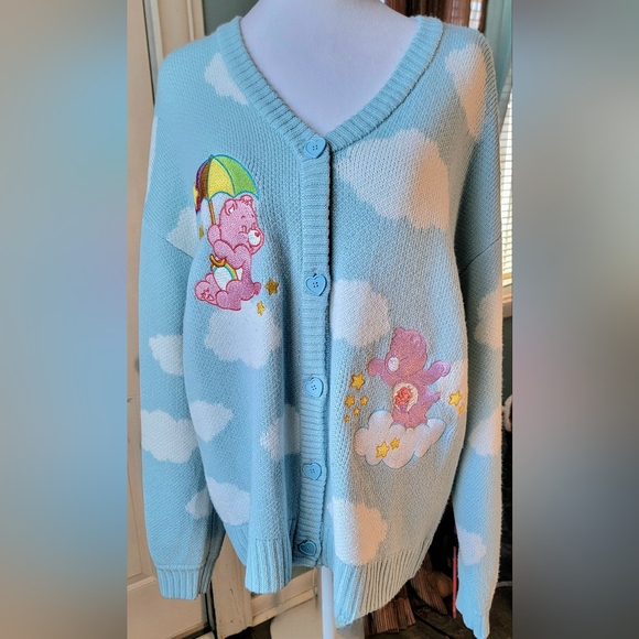 Care Bears Sweaters - Care Bears by Hot Topic Cozy Grandpa Cardigan Womens L Sky Blue Clouds Whimsical